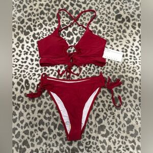 Chyrii Women’s Cutout Bikini Set Lace Up High Cut Two Piece Swimsuit Red Small